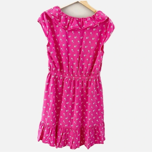 J. Crew V-Neck Ruffle Dress Floral Print Vibrant Pink Fuchsia Midi Dress Size 8 - Picture 4 of 10